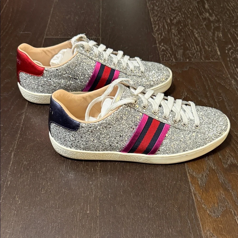 Gucci Silver Glitter Lace-Up Sneakers with Pink & Blue Stripes - Picture 4 of 8